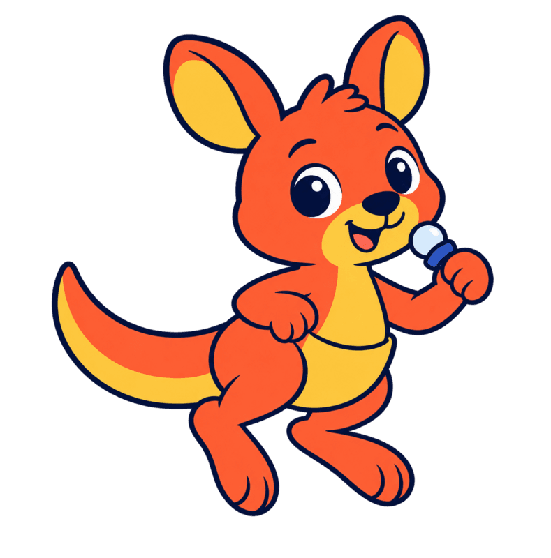 Roo the kangaroo hopping with a microphone